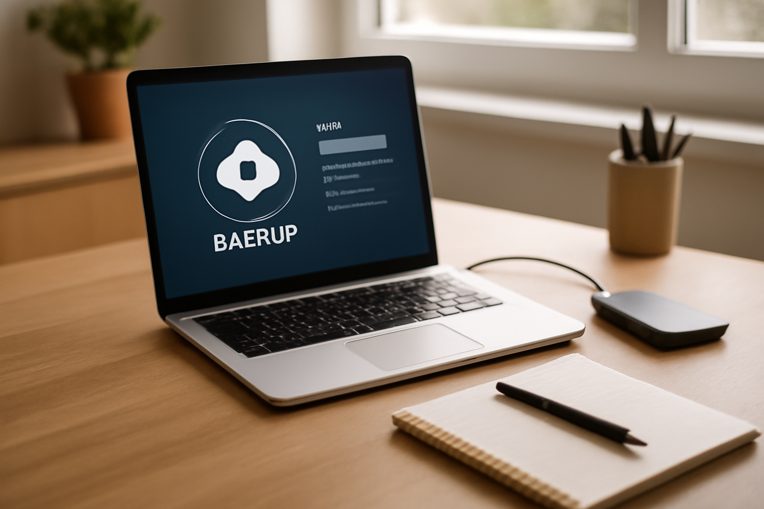 Laptop dengan aplikasi backup Windows dan hard drive eksternal di meja kerja